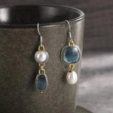 Retro Blue Stone and Pearl Earrings